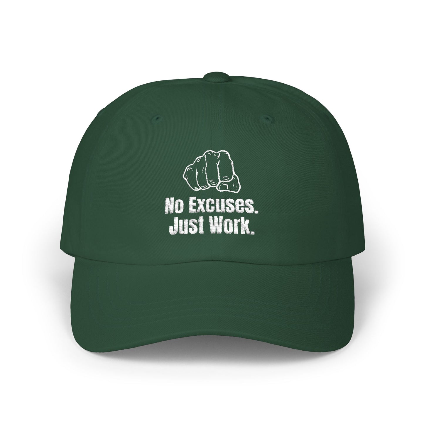Gorra motivacional unisex con bordado "No Excuses Just Work"