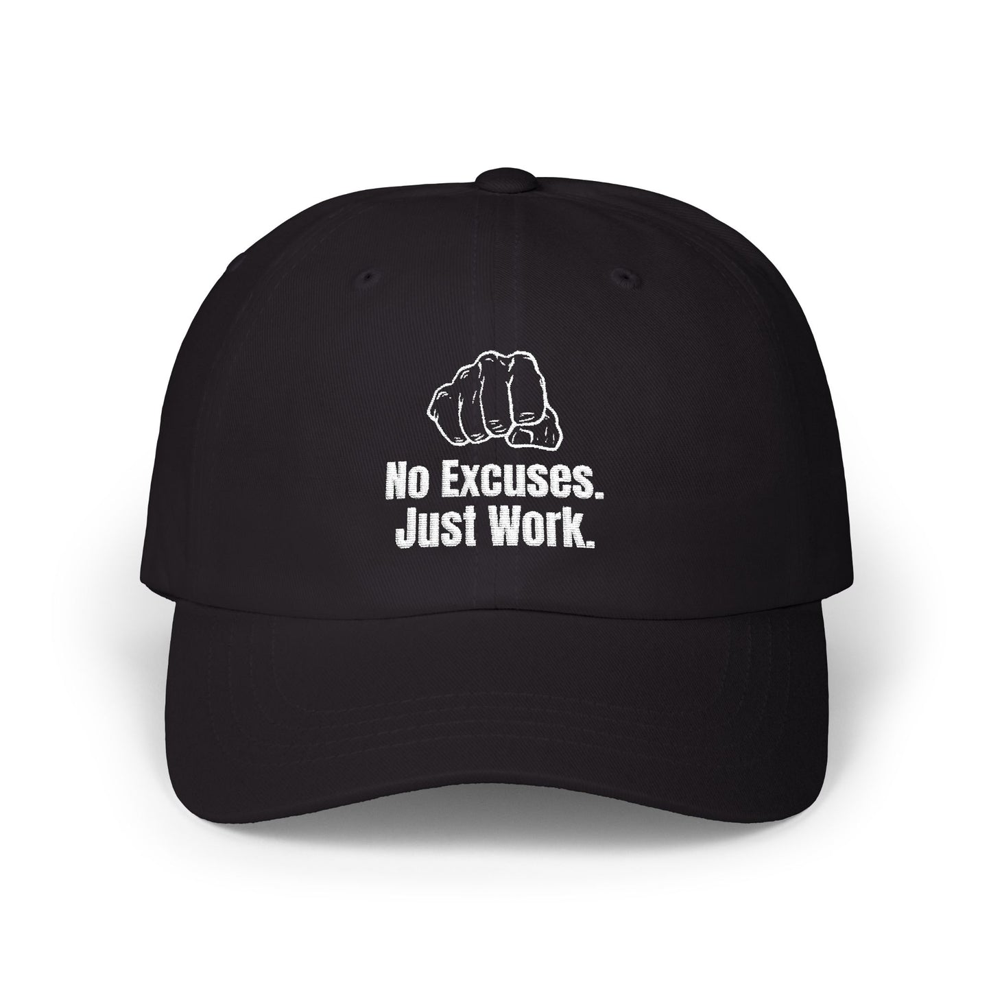 Gorra motivacional unisex con bordado "No Excuses Just Work"