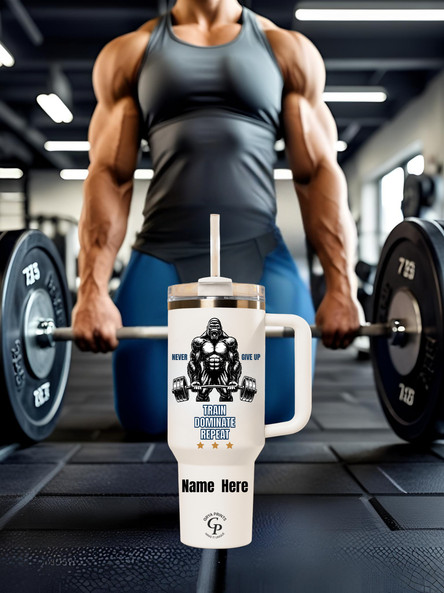 Vaso de fitness personalizado de 40 oz - Taza con repetición de Train Dominate y nombre