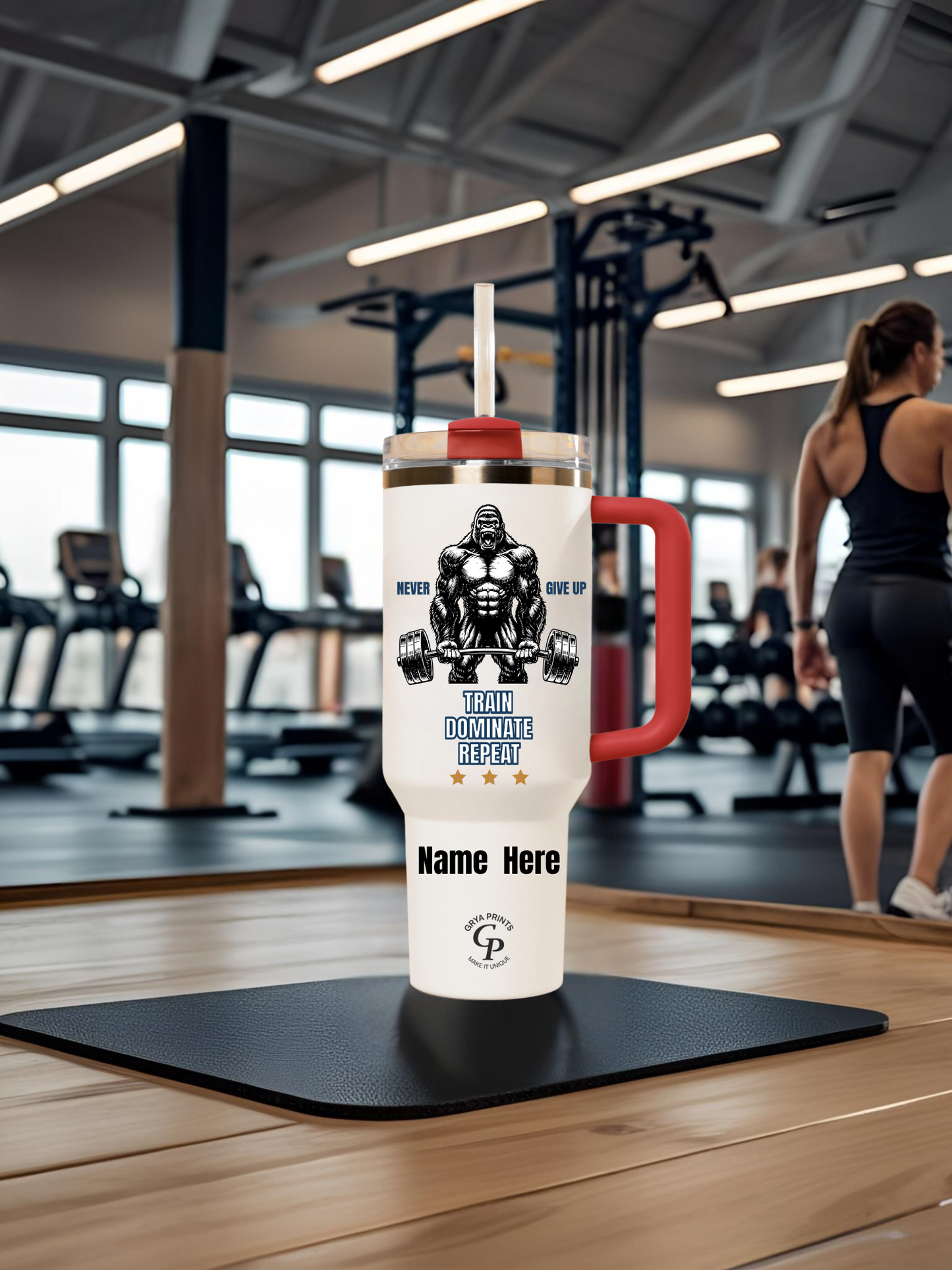 Vaso de fitness personalizado de 40 oz - Taza con repetición de Train Dominate y nombre