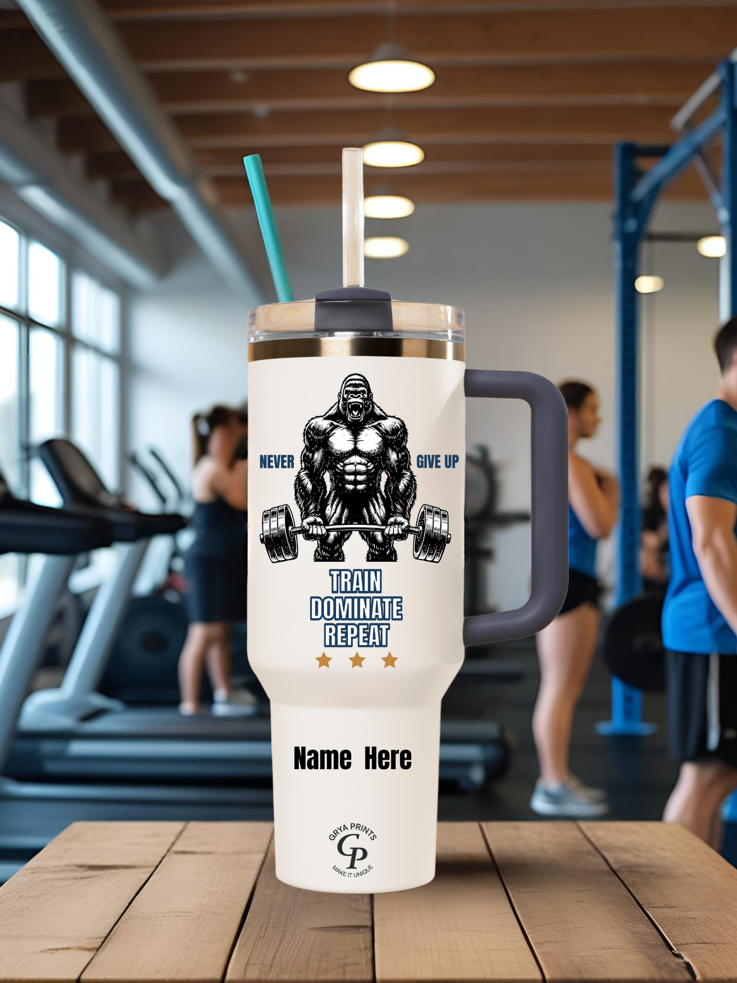 Vaso de fitness personalizado de 40 oz - Taza con repetición de Train Dominate y nombre