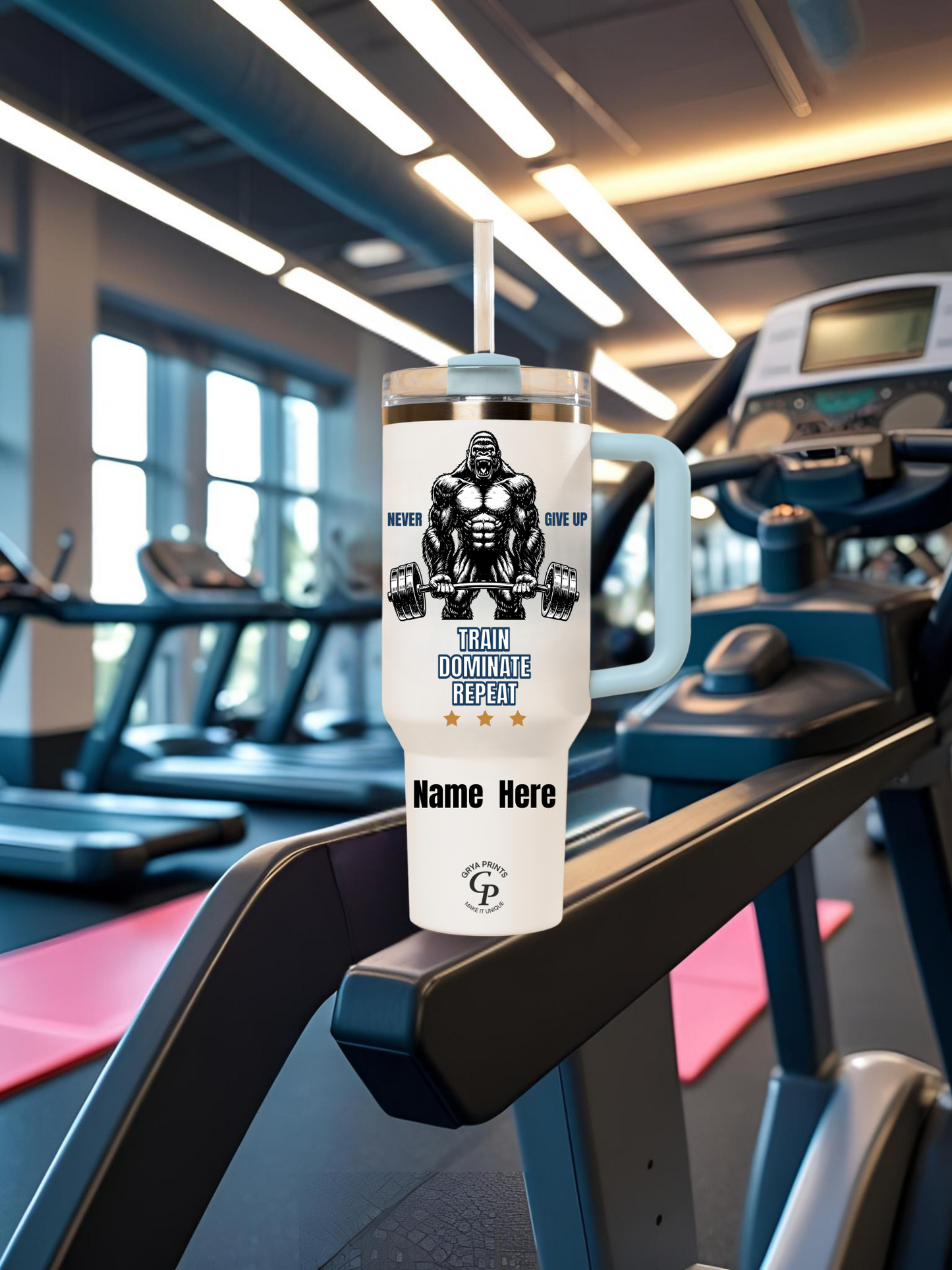 Vaso de fitness personalizado de 40 oz - Taza con repetición de Train Dominate y nombre