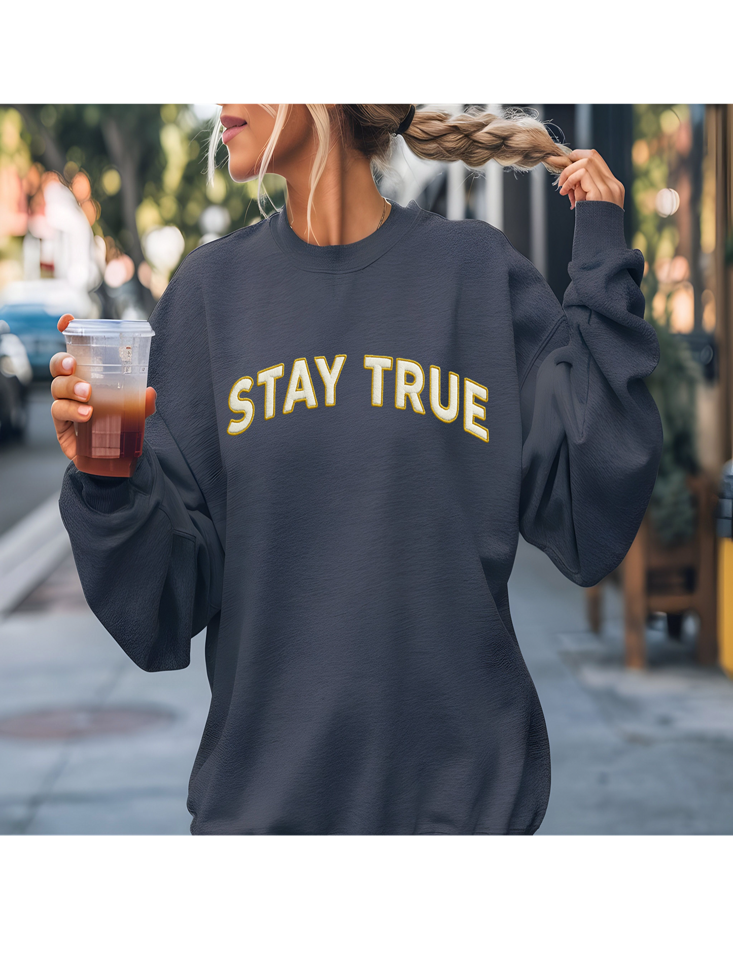 Sudadera unisex personalizada con bordado Stay True, mezcla gruesa, cuello redondo
