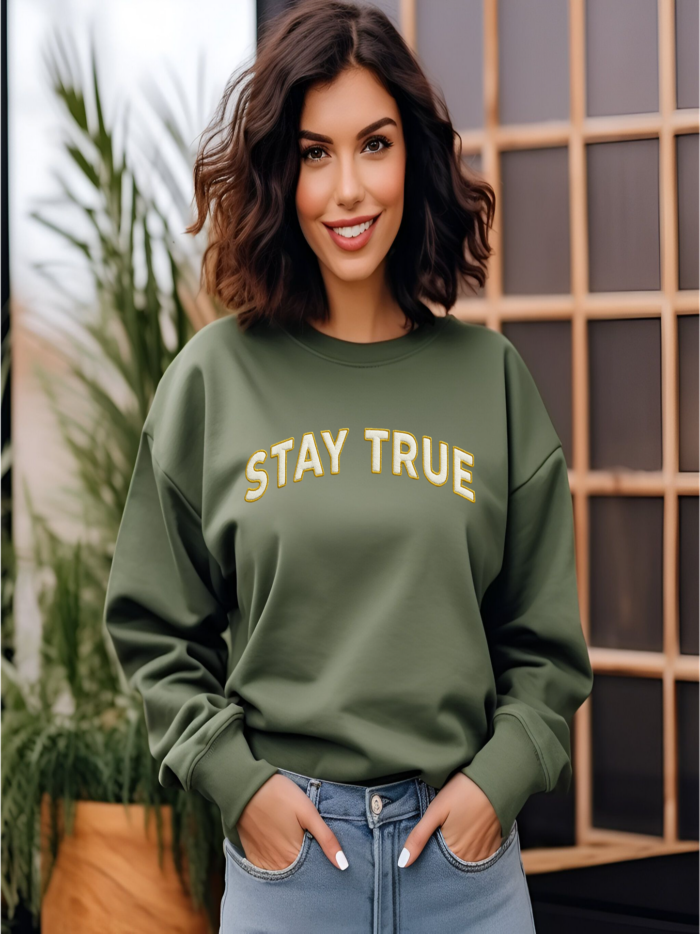 Sudadera unisex personalizada con bordado Stay True, mezcla gruesa, cuello redondo