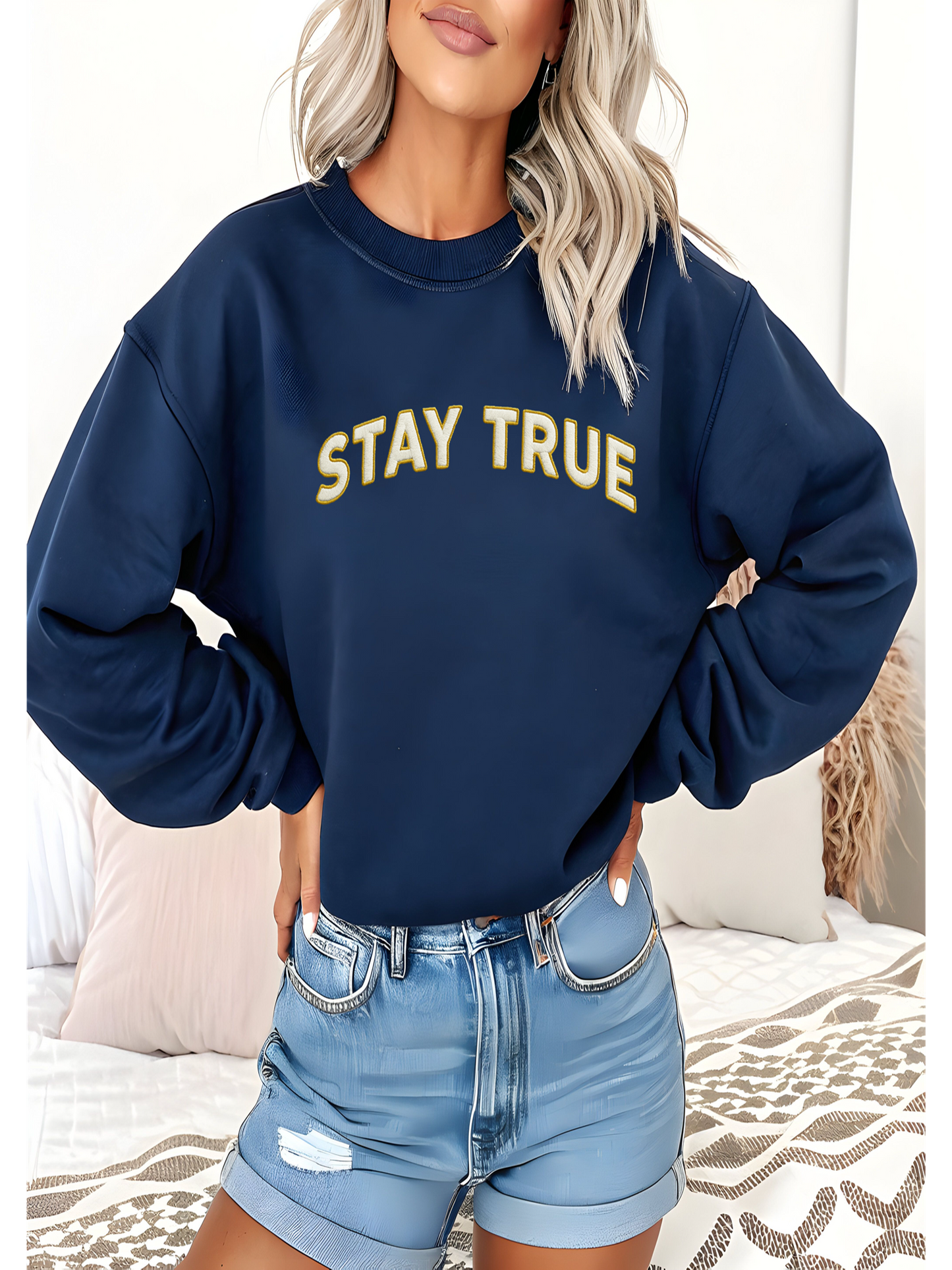 Sudadera unisex personalizada con bordado Stay True, mezcla gruesa, cuello redondo