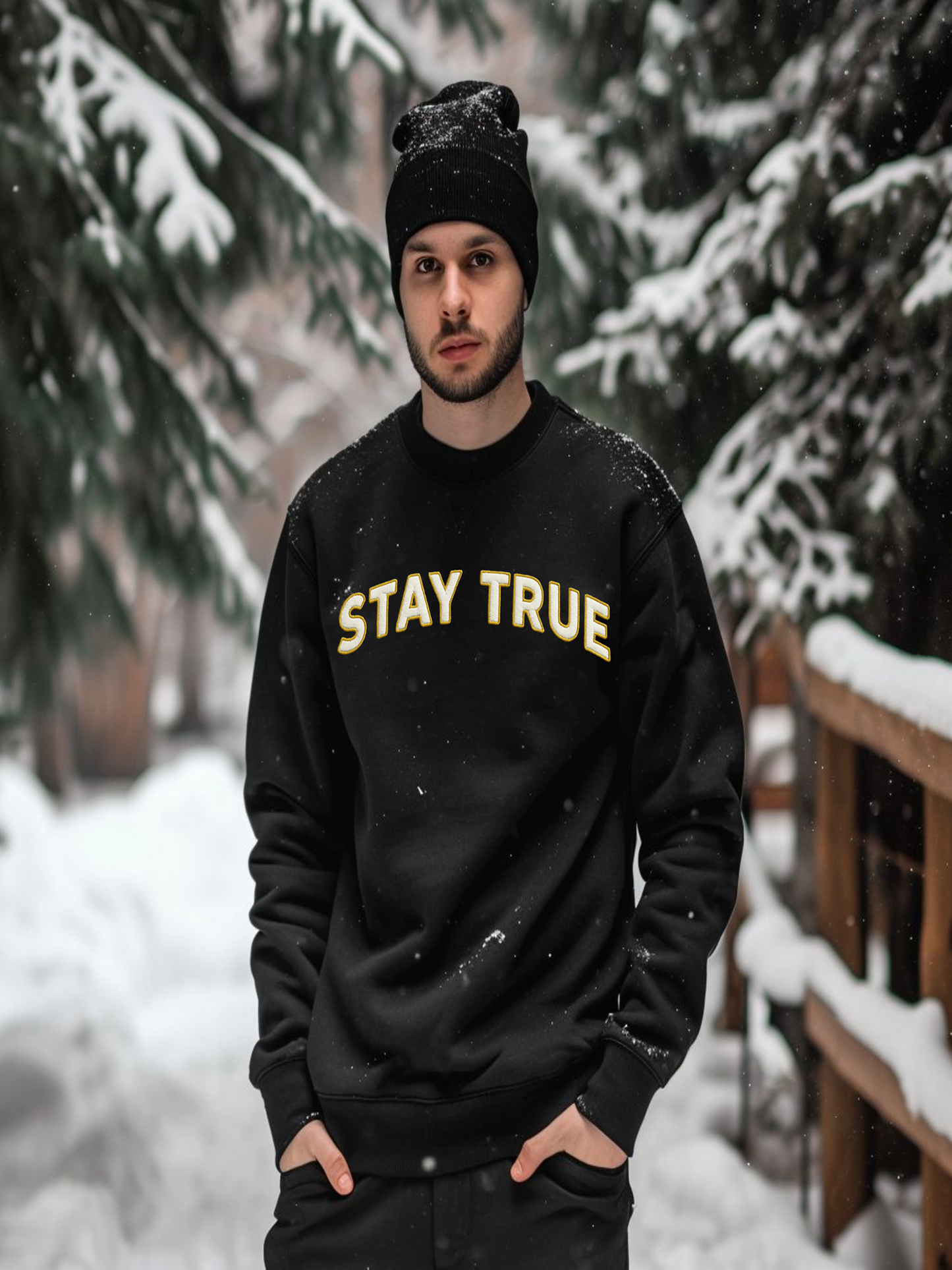 Sudadera unisex personalizada con bordado Stay True, mezcla gruesa, cuello redondo
