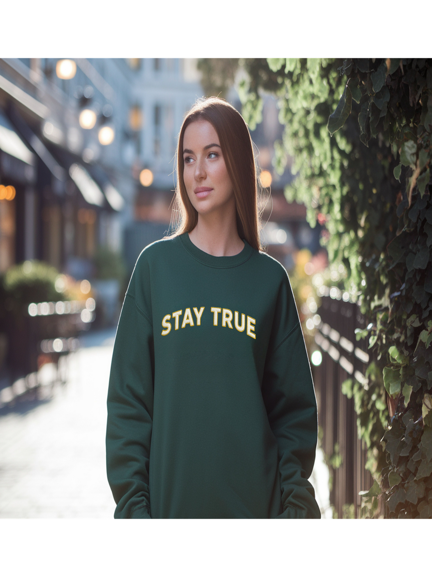 Sudadera unisex personalizada con bordado Stay True, mezcla gruesa, cuello redondo