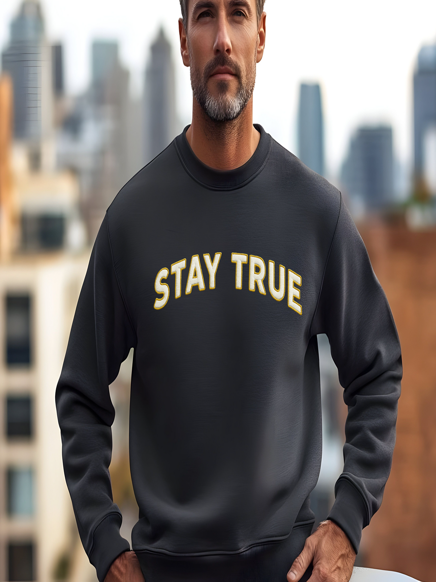 Sudadera unisex personalizada con bordado Stay True, mezcla gruesa, cuello redondo