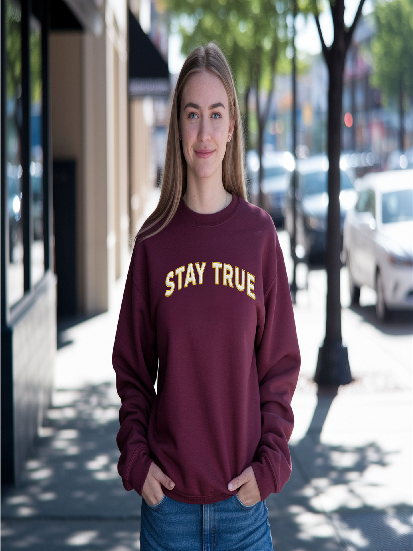 Sudadera unisex personalizada con bordado Stay True, mezcla gruesa, cuello redondo