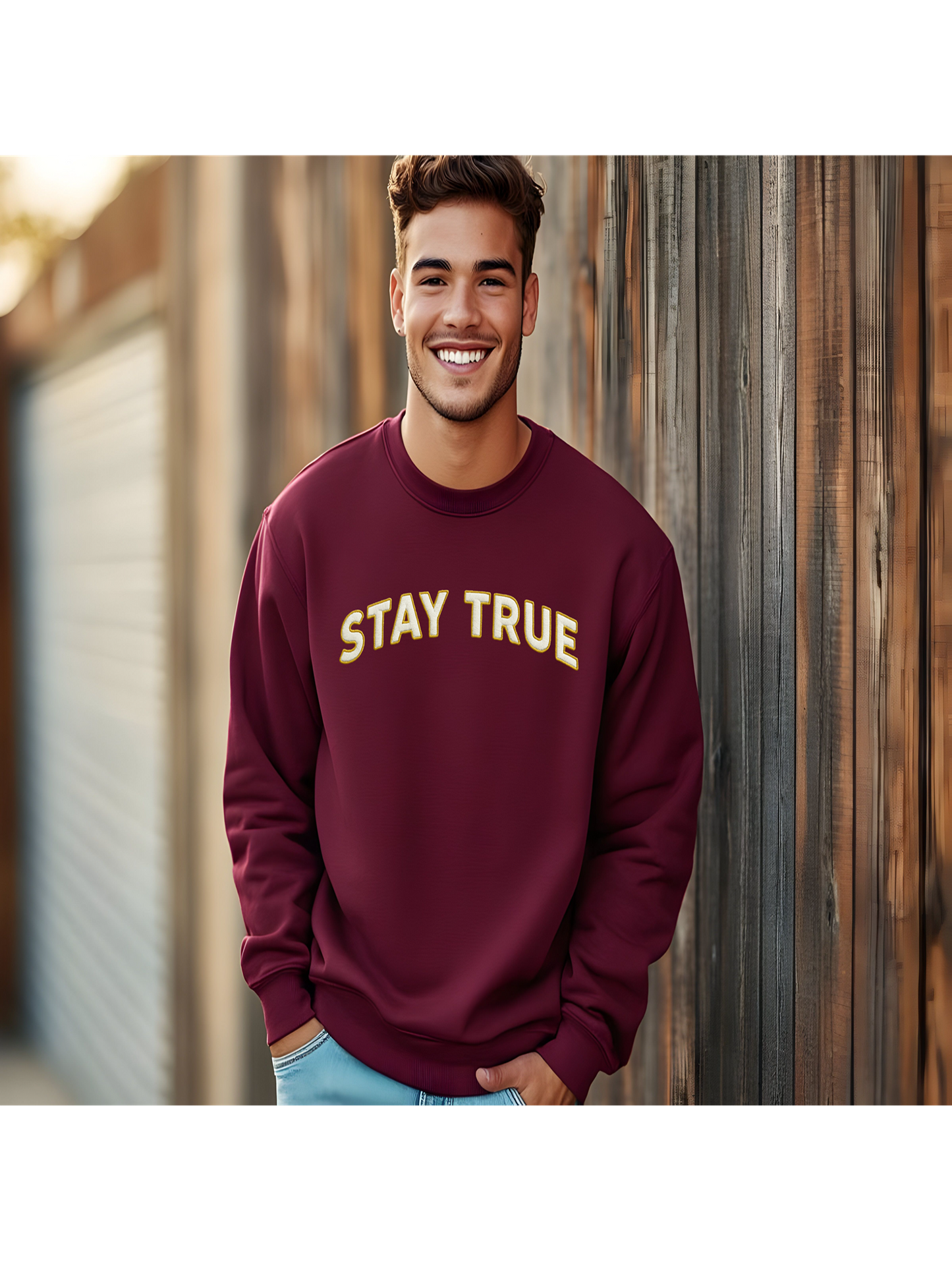 Sudadera unisex personalizada con bordado Stay True, mezcla gruesa, cuello redondo