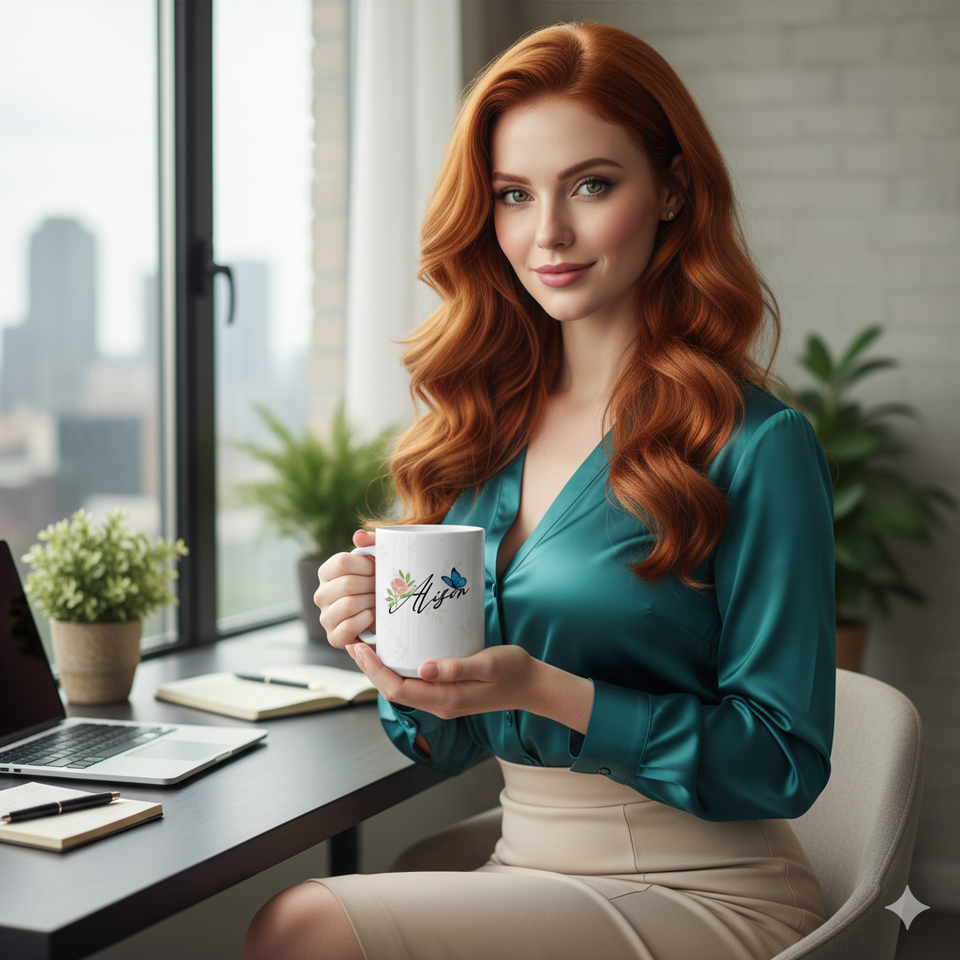 Woman holding a personalized mug in a modern office setting illustrating What Is a Print on Demand and how custom products are created.