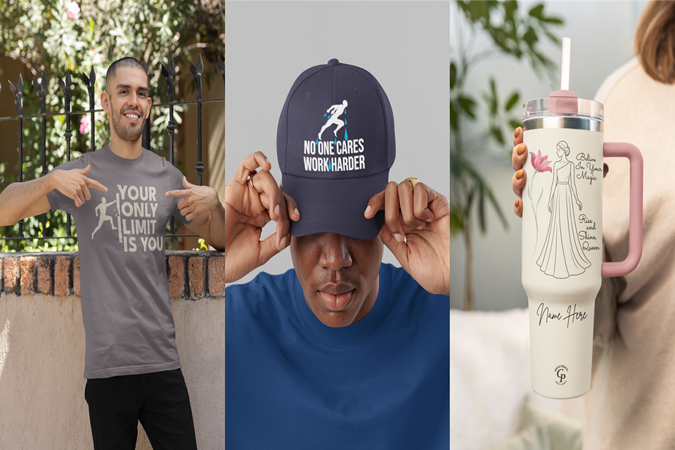 Collage of Grya Prints What Is a Print on Demand products featuring a motivational t-shirt, embroidered sports cap, and personalized tumbler, showcasing unique custom designs