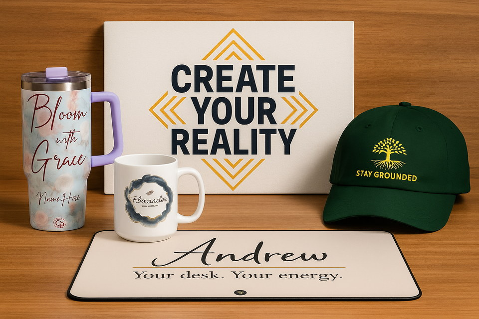5 Meaningful Gift Ideas displayed together, featuring a personalized 40oz tumbler, a custom name mug, a motivational “Create Your Reality” canvas, a Stay Grounded embroidered hat, and a personalized desk mat on a warm wooden surface.