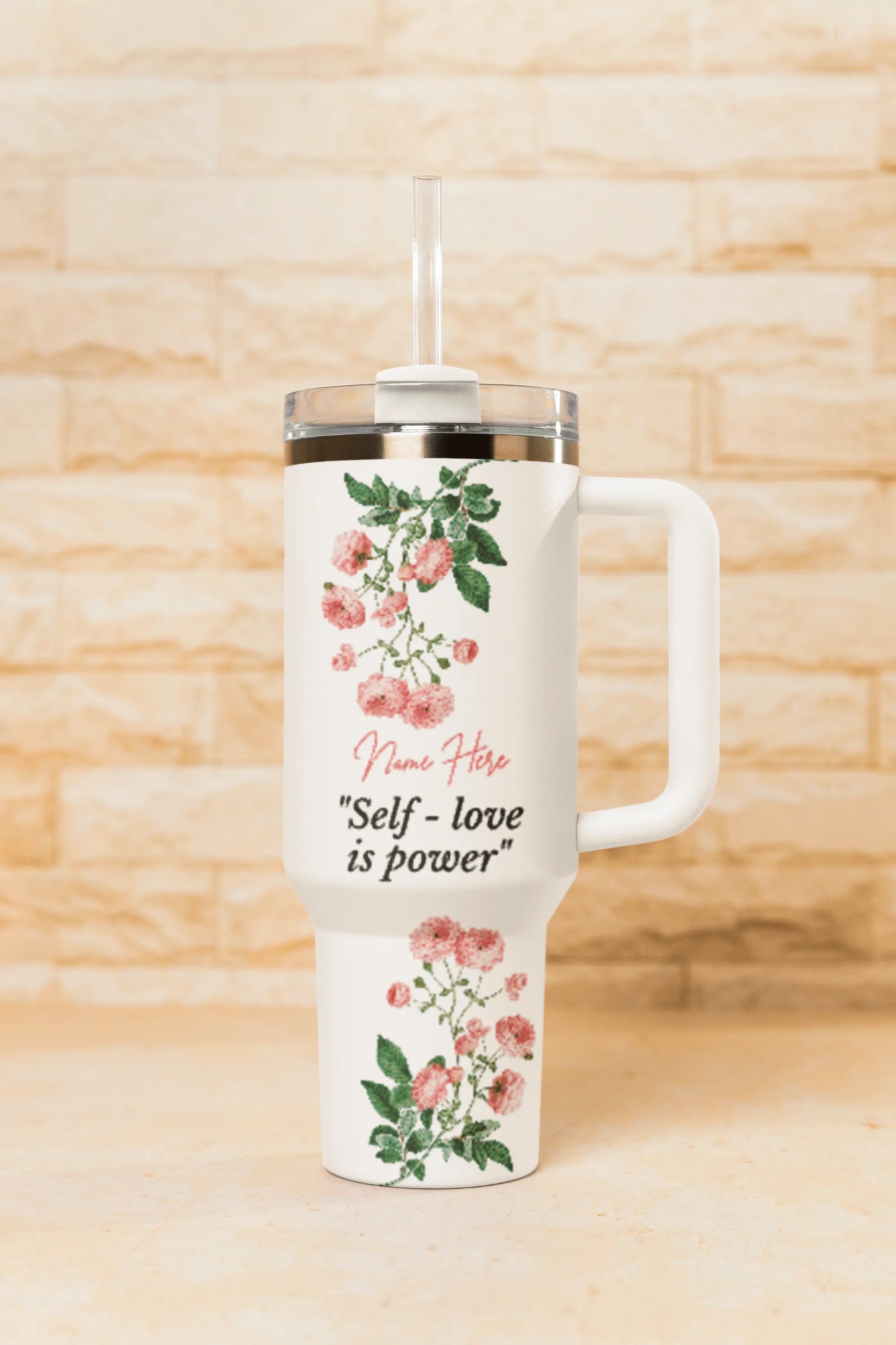custom 40oz tumbler with name floral design and straw