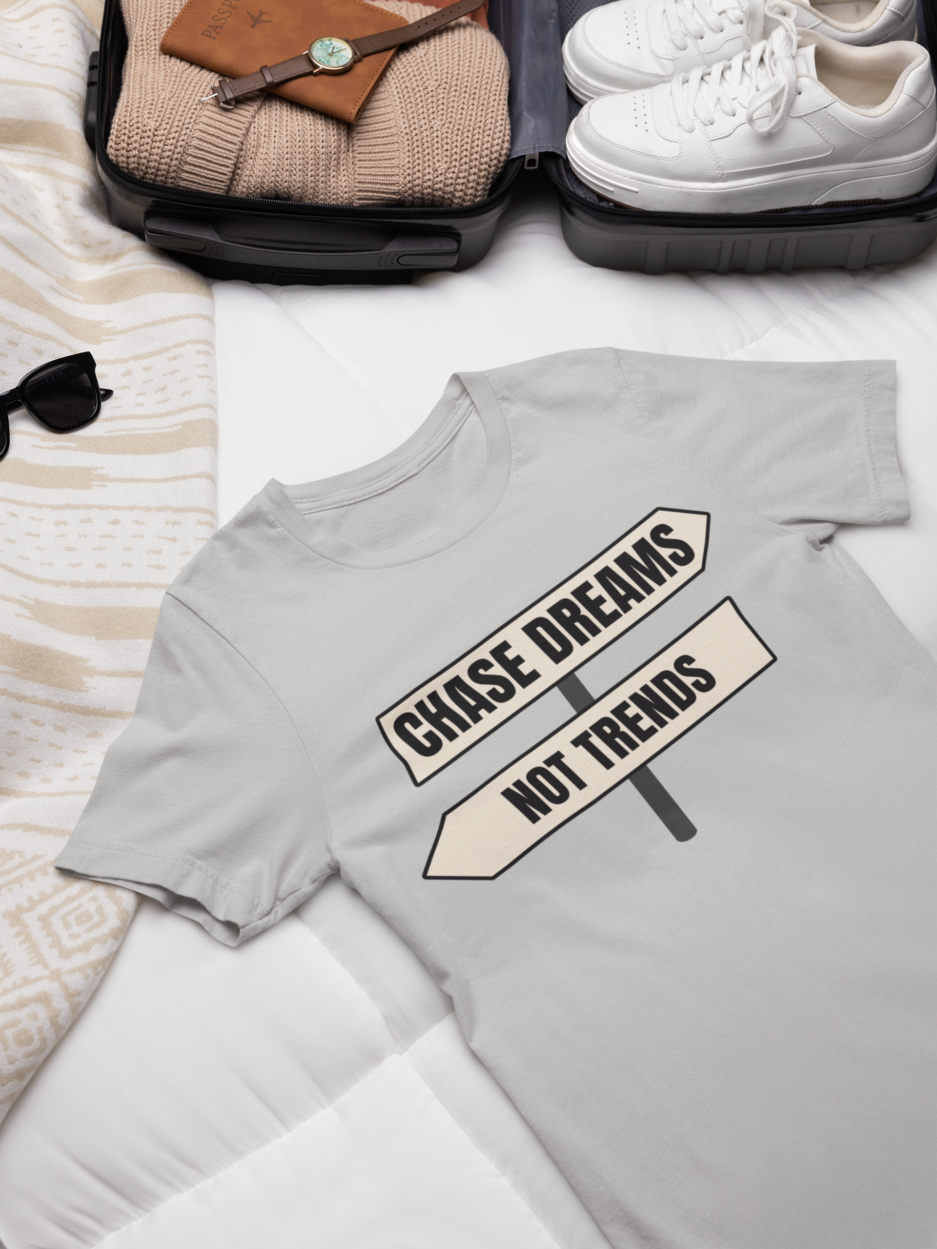 Motivational Quote T-Shirts Grey unisex design on model, minimalist typography.