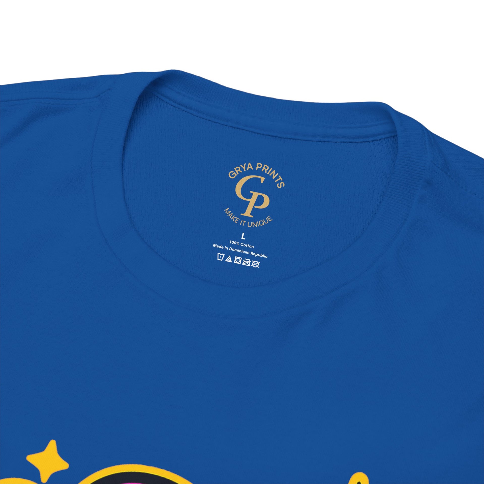 Y2K Vibes T-Shirt in royal blue, top-down flat lay of bold neon print