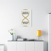 Minimalist Wall Art Slow Is Smooth - Inspirational wall print styled in a bright modern living room with white console and yellow lamp.