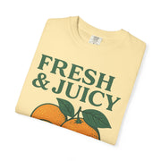 Yellow Fresh and Juicy Oranges T Shirt displayed flat with bold fruit-themed graphic