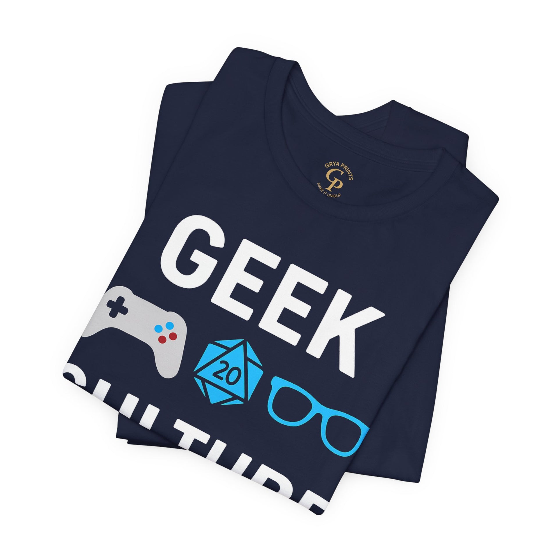 Folded navy blue Geek Culture T-Shirt' and gaming icons on a white background