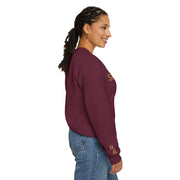 Side view of woman wearing maroon Embroidered Shine On Sweatshirt