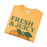 Yellow Fresh and Juicy Oranges T Shirt flat image with citrus slice and leaf design