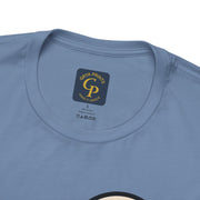 Mountain minimalist t-shirt in blue color laid flat with collar label showing