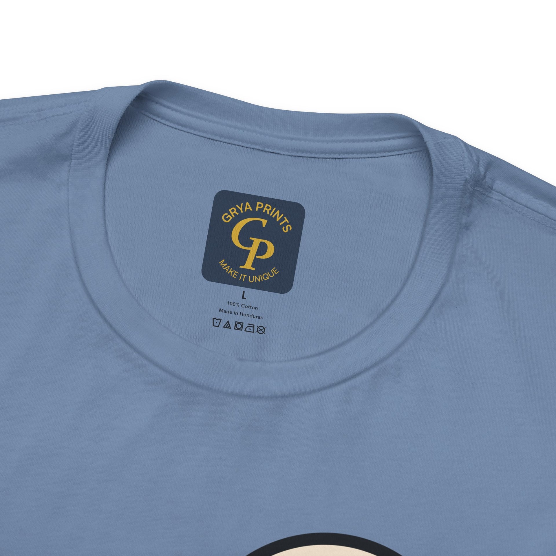 Mountain minimalist t-shirt in blue color laid flat with collar label showing