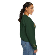 Woman wearing green Embroidered Keep Faith Sweatshirt, side view