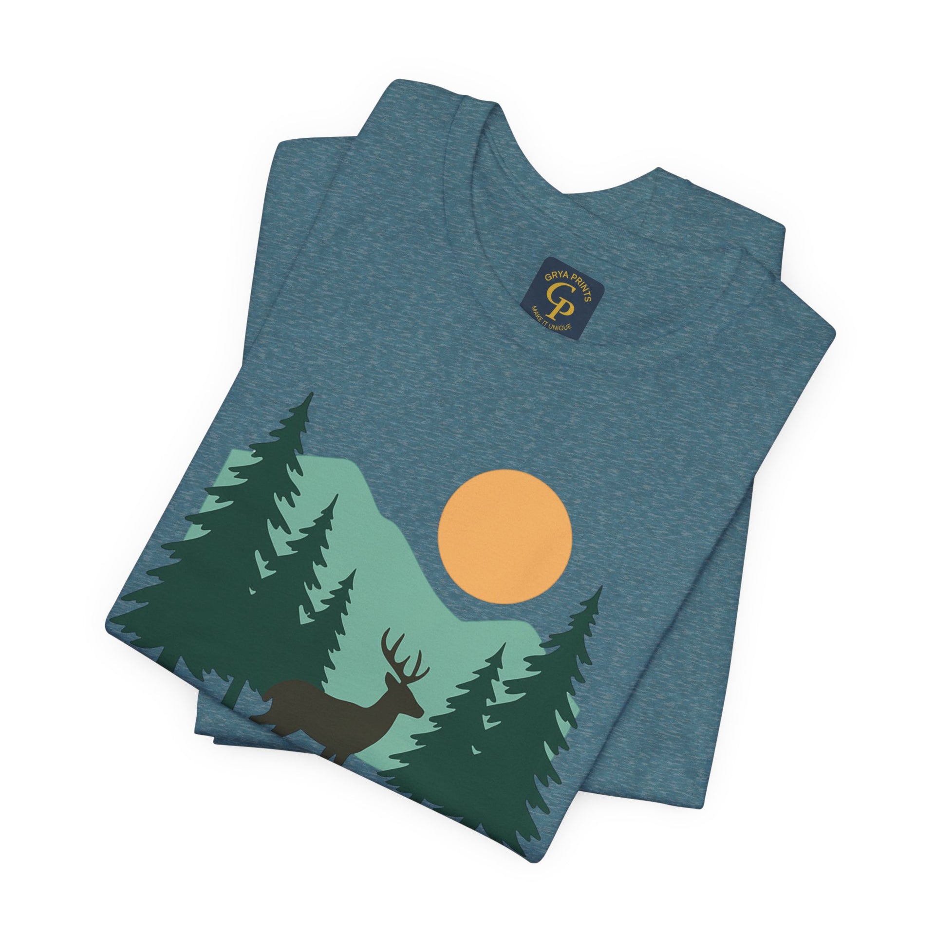 Forest Dreamer T-Shirt featuring a minimalist deer design with mountains and a sun, perfect for nature lovers.