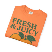 Orange flat Fresh and Juicy Oranges T Shirt with vintage fruit print on neutral background