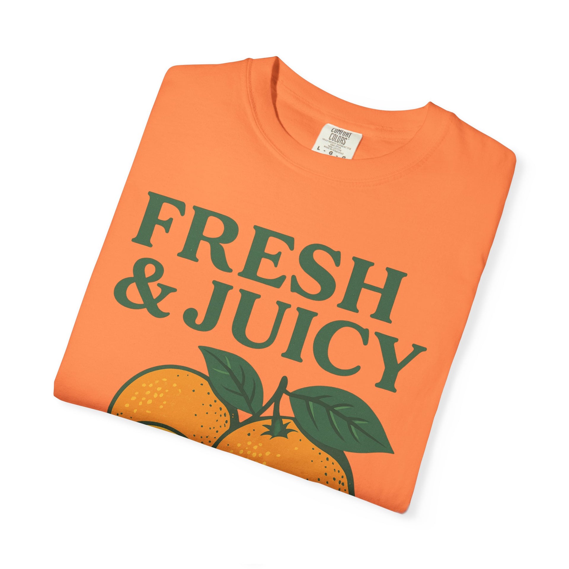 Orange flat Fresh and Juicy Oranges T Shirt with vintage fruit print on neutral background
