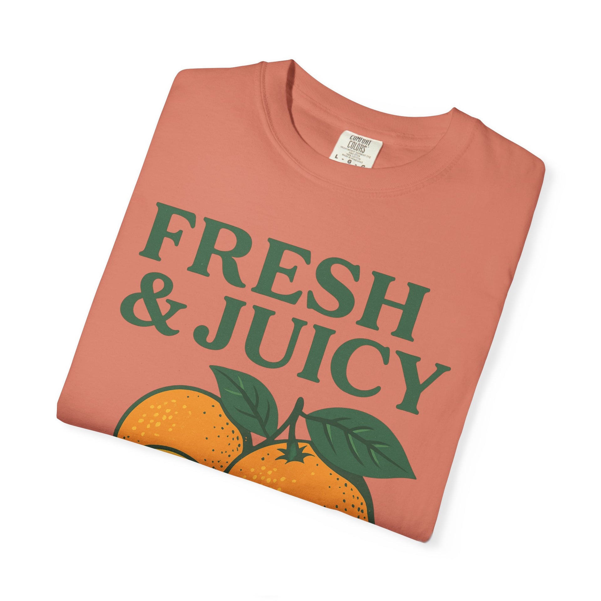 Rust red flat lay of Fresh and Juicy Oranges T Shirt featuring hand-drawn orange fruit