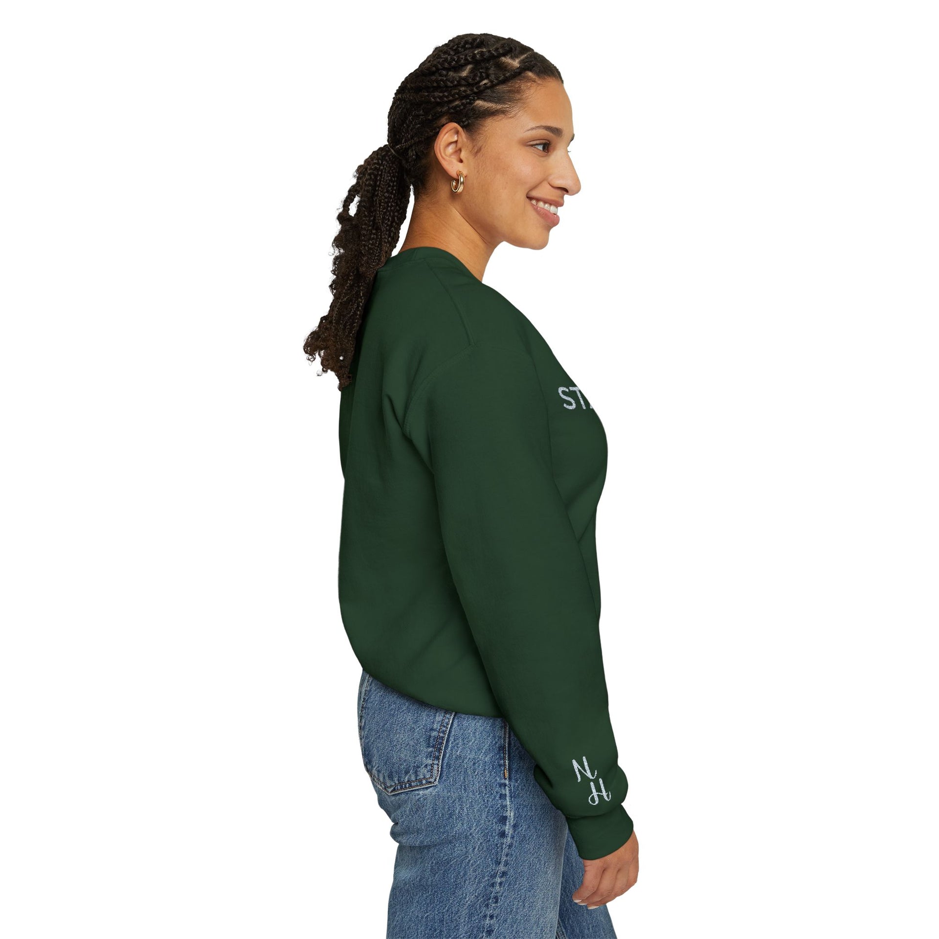 Woman side view Embroidered Humble Sweatshirt in forest green