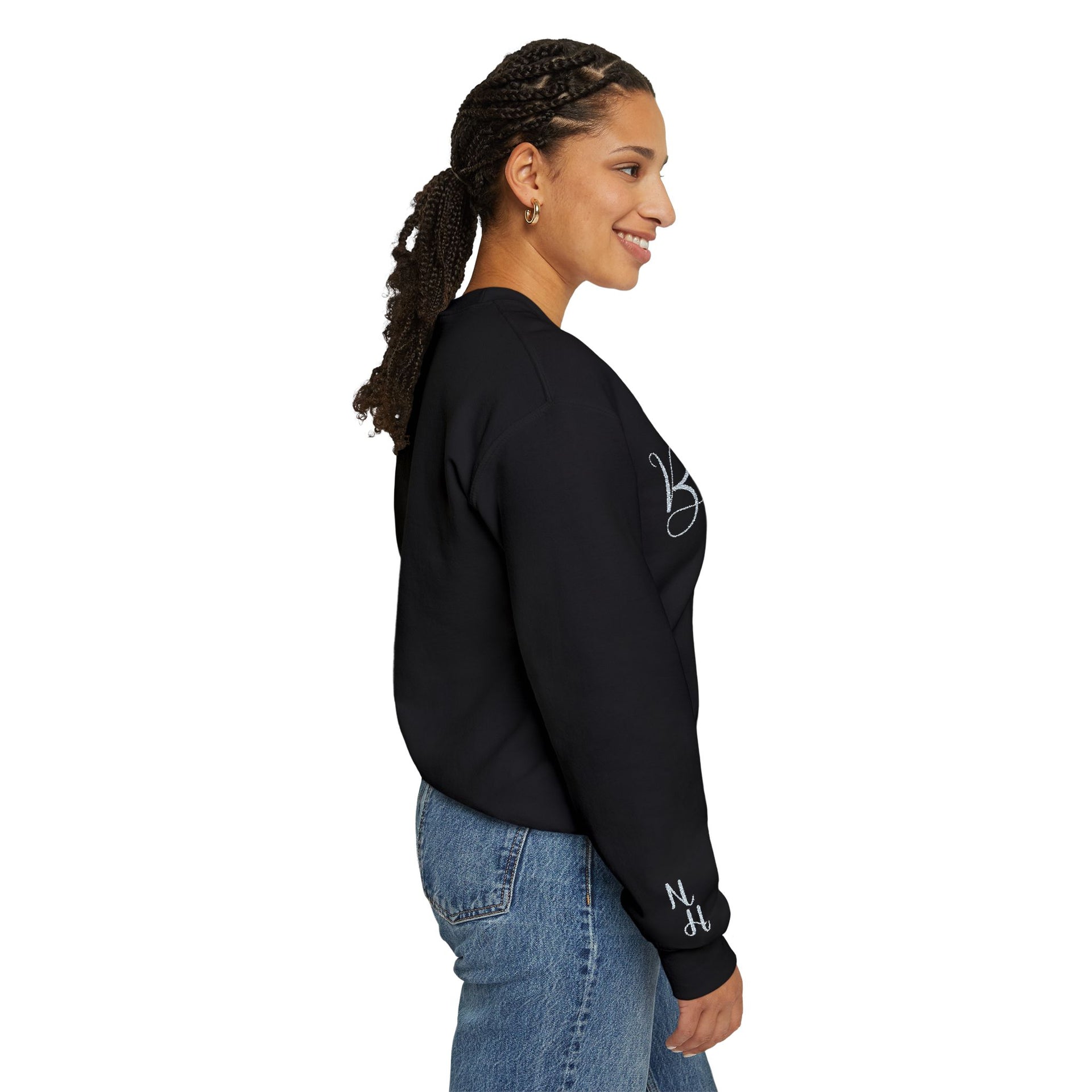 Woman side profile in black Embroidered Kindness Sweatshirt
