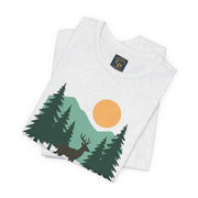White Forest Dreamer T-Shirt folded with mountain and sun design