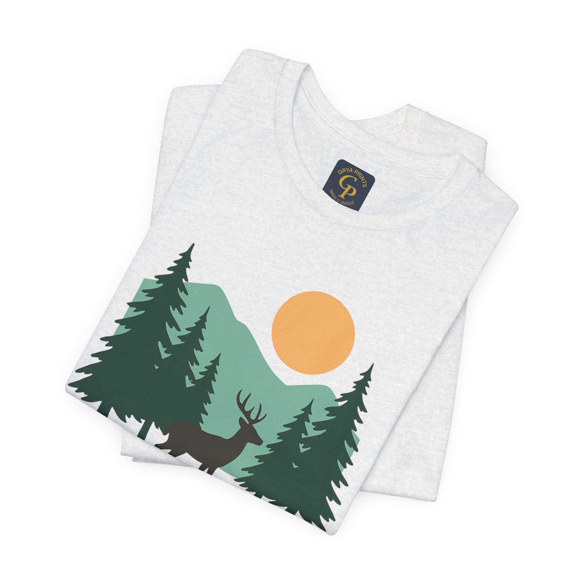 White Forest Dreamer T-Shirt folded with mountain and sun design