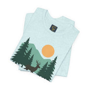 Forest Dreamer T-Shirt featuring a deer silhouette against a forest and sunset design.