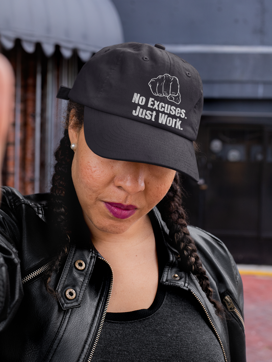 Gorra motivacional unisex con bordado "No Excuses Just Work"