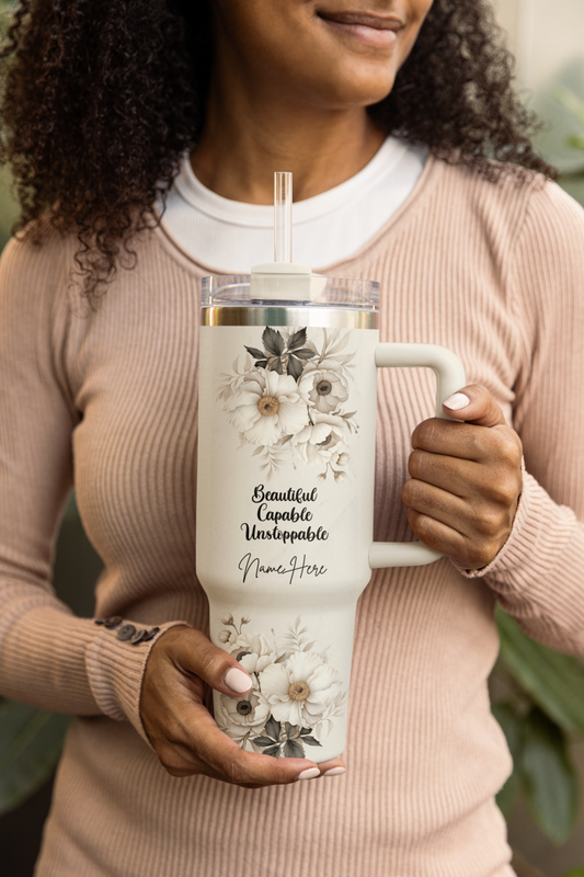 Vaso personalizado de 40 oz: hermosa taza floral imparable con asa para mujer
