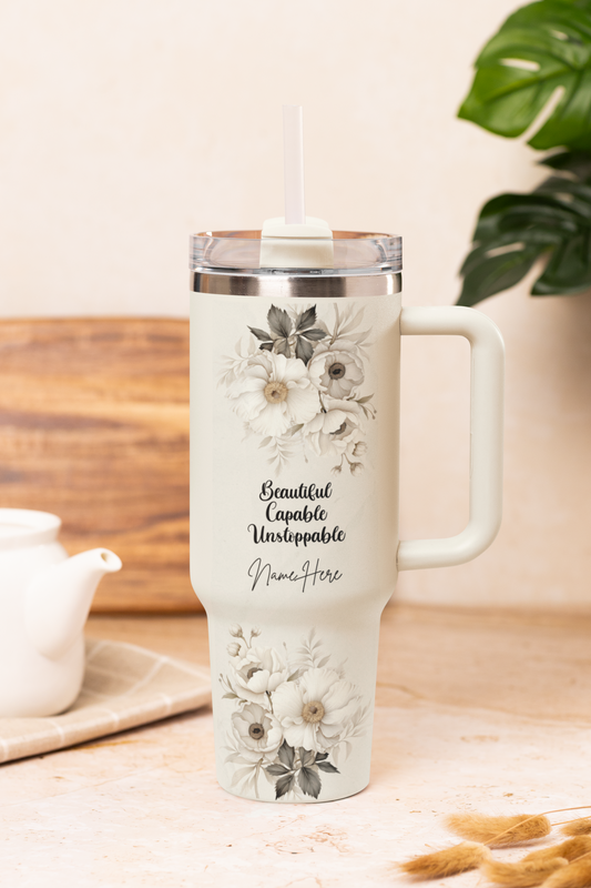 Vaso personalizado de 40 oz: hermosa taza floral imparable con asa para mujer