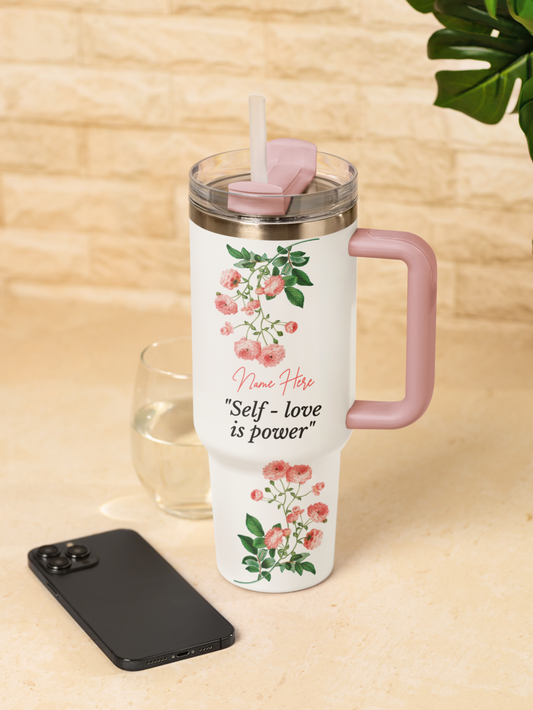Vaso personalizado de 40 oz con asa - Taza floral motivacional "El amor propio es poder" para mujer