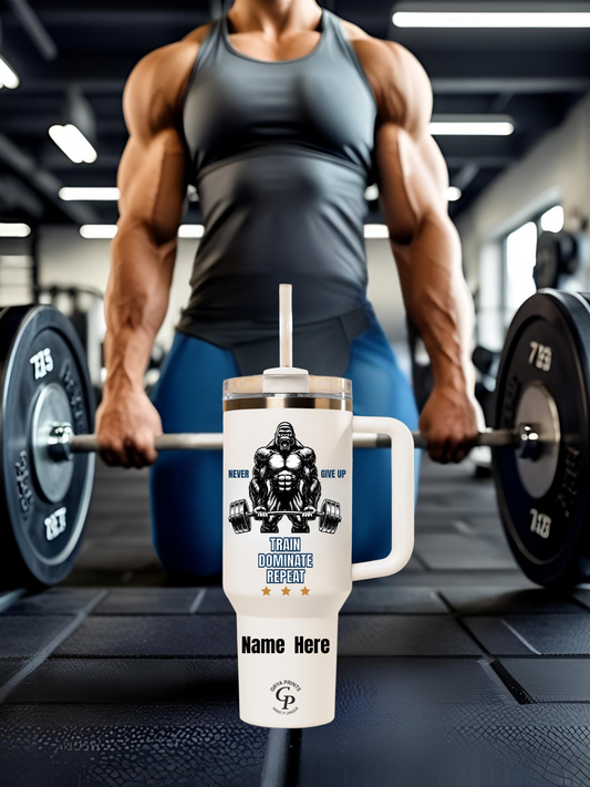 Vaso de fitness personalizado de 40 oz - Taza con repetición de Train Dominate y nombre