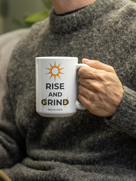 Taza de café de cerámica blanca motivacional Rise and Grind de 15 oz