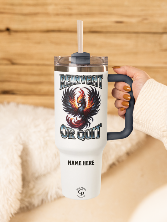 Vaso Phoenix personalizado de 40 oz: taza motivacional "Reinventa o deja" con nombre