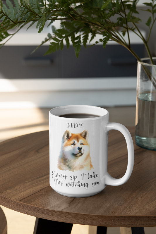 Taza de cerámica personalizada con foto de mascota, nombre y frase personalizados.