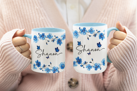 Taza con nombre floral personalizada, taza de café y té con flores personalizadas, regalo único para ella