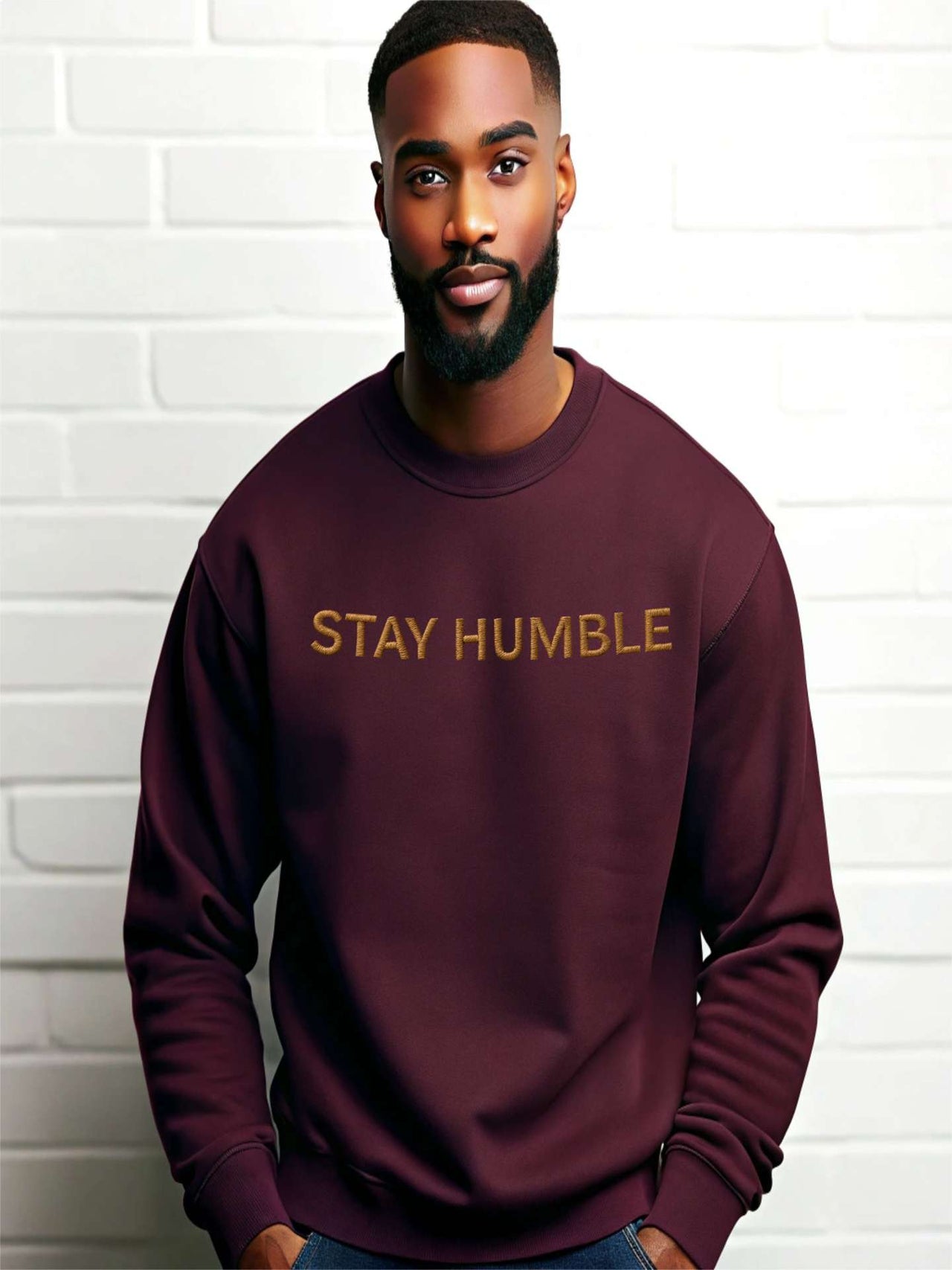 Woman wearing green Embroidered Humble Sweatshirt with gold script text