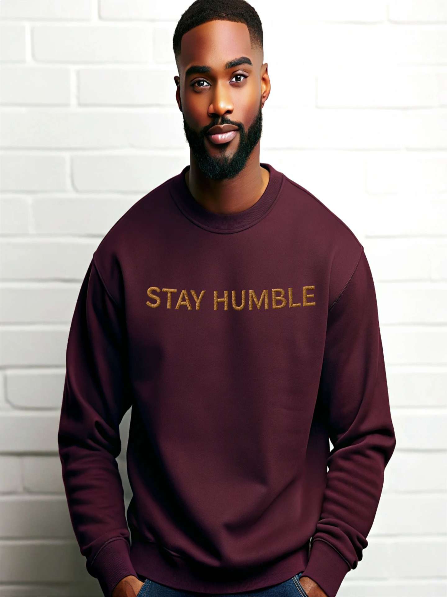 Woman wearing green Embroidered Humble Sweatshirt with gold script text
