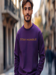 Man wearing purple Embroidered Humble Sweatshirt on the street