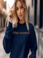 Woman modeling navy Embroidered Humble Sweatshirtt with kindness message
